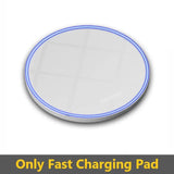 a white and blue circle with the words only fast charge pad