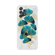 the back of a white and blue flower case