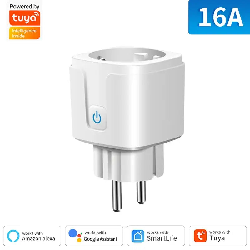 a white and blue power adapter with a button on it