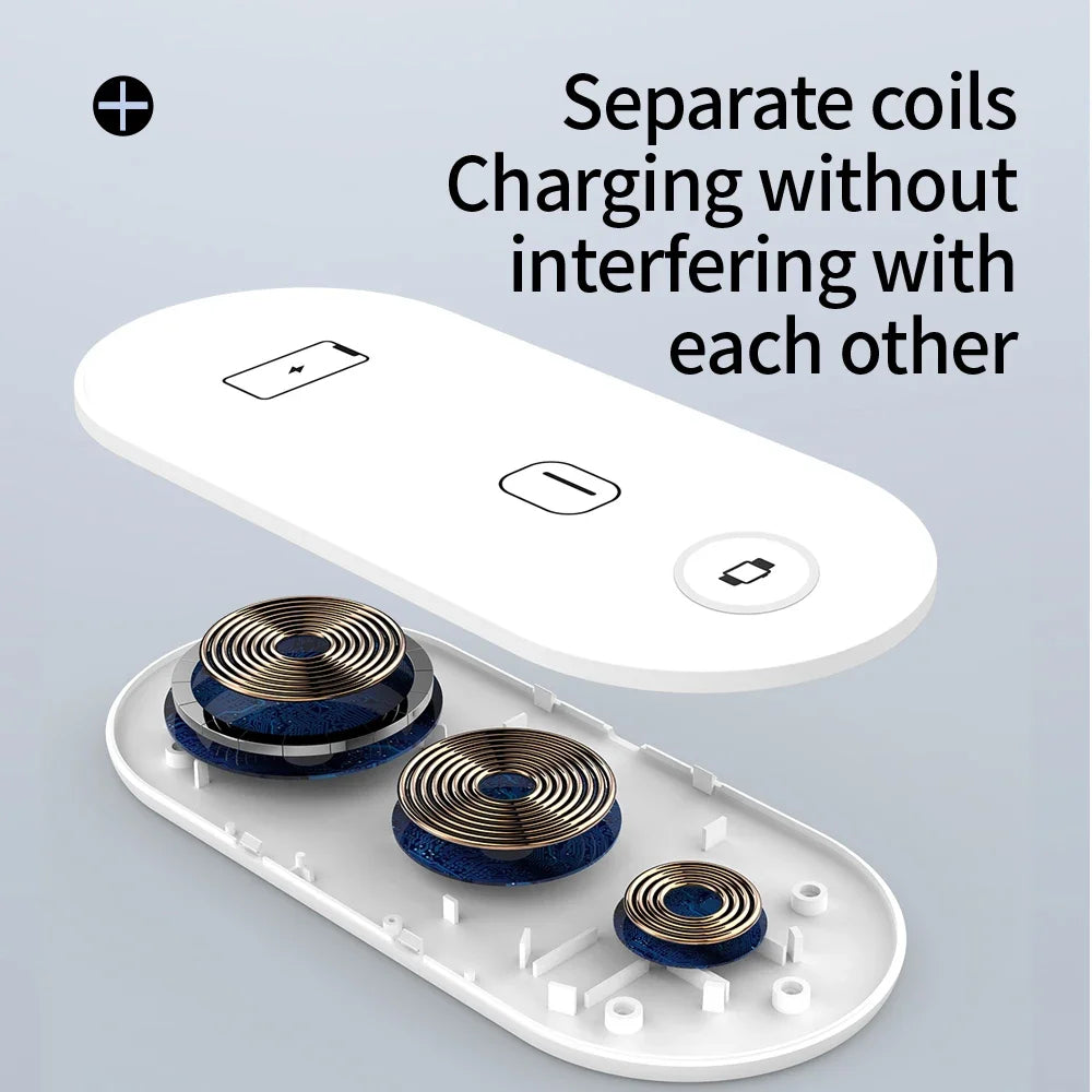 a white and blue speaker with the words,’separates charging without each other devices ’