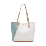a white and blue tote bag