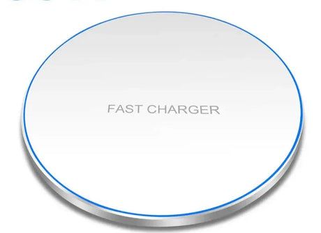 a white and blue wireless charger with the words fast charger on it