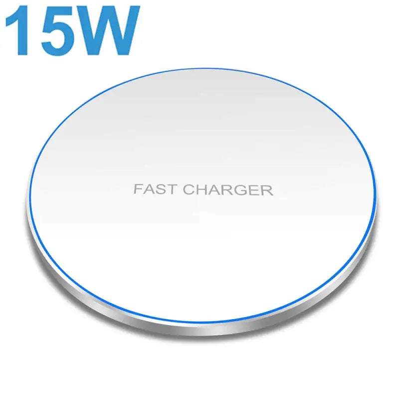 a white and blue wireless charger with the words 15w on it