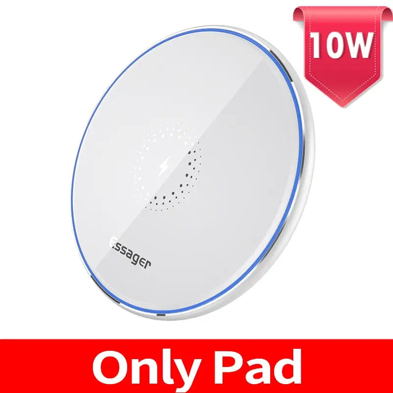 a white and blue wireless charger with a red button