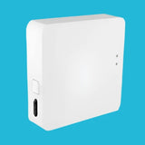 A white box with a bluetooth and a white box with a red button