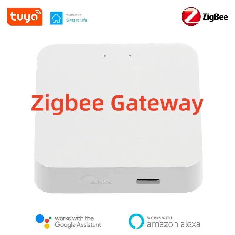 A white box with a red text that says zigbee gateway