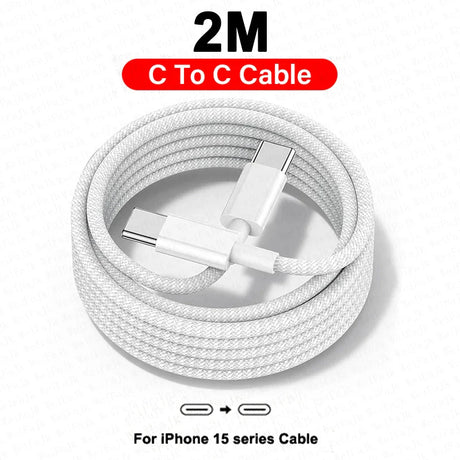 White braided USB-C to USB-C cable measuring 2 meters in length.