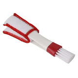 a white and red plastic brush with a red handle