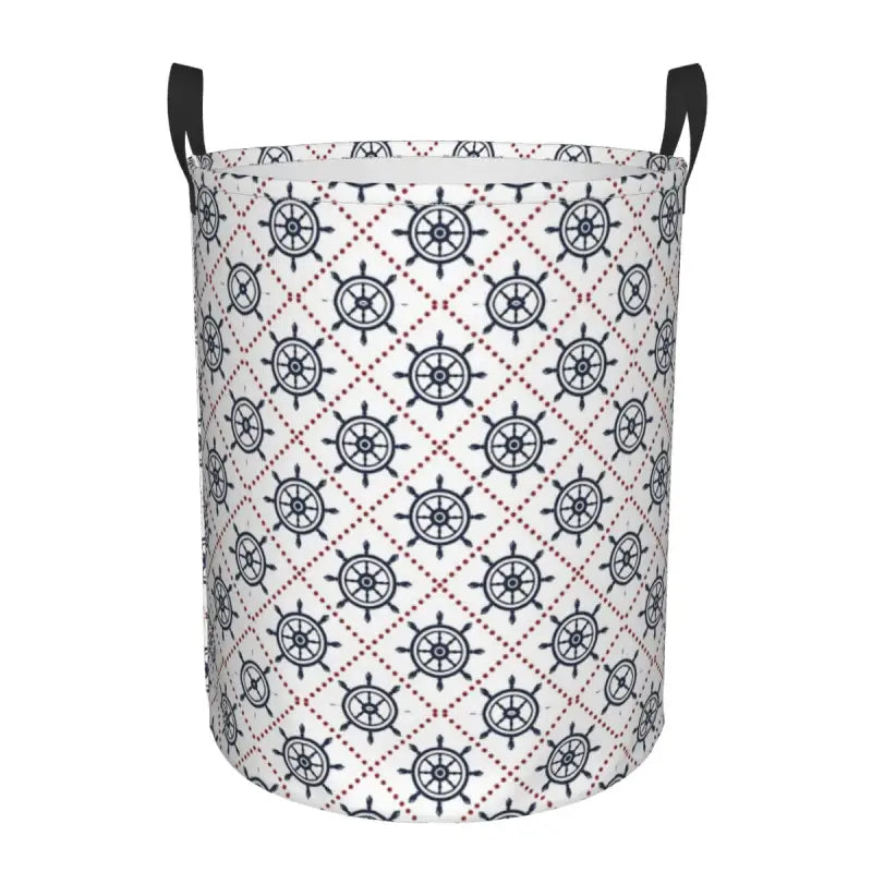a white bucket with a navy and red pattern