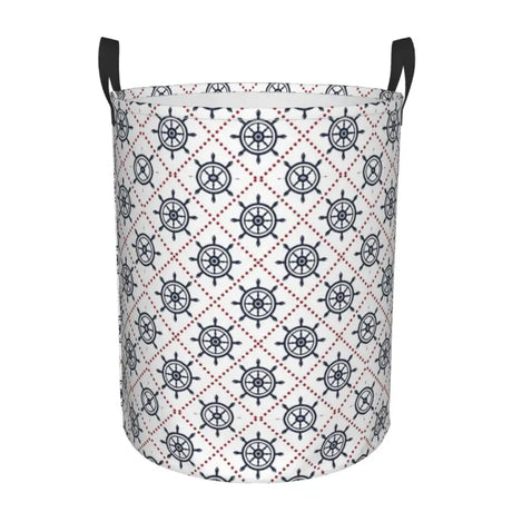 a white bucket with a navy and red pattern