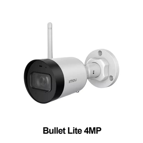 A white bullet camera mounted on a wall with a white background