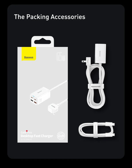 White charging cable with a dual-port USB adapter and product packaging.