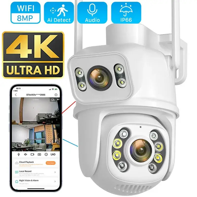 A white camera with 4k ultra hd camera attached to it