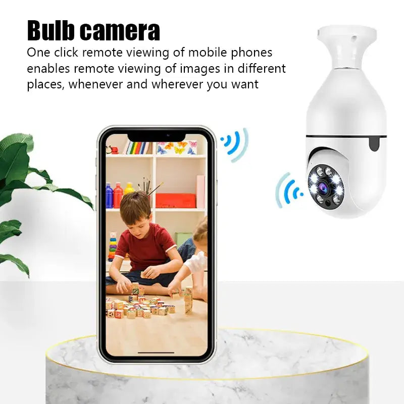 a white camera with a child playing on the floor
