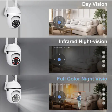 A white camera mounted on the wall with four different images