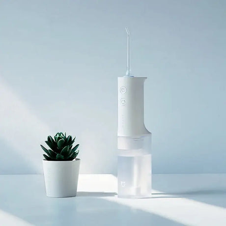 A white candle and a pot with a plant