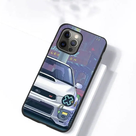 A white car with a blue sky background on a phone case