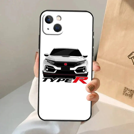 A white car phone case with the logo of the car