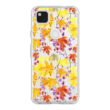 the back of a white case with colorful leaves