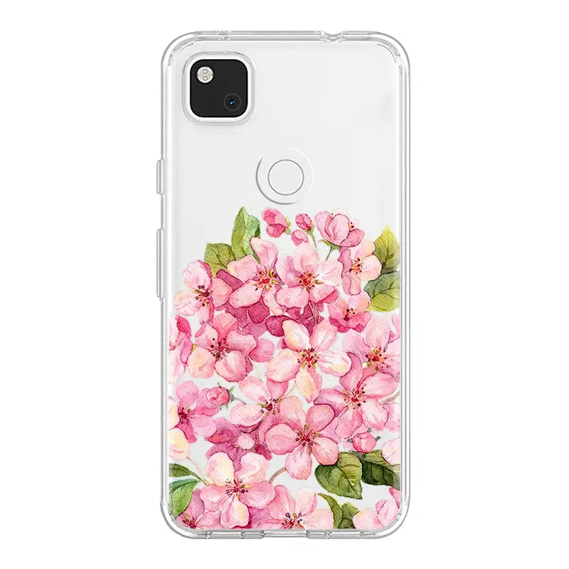 the back of a white case with pink flowers