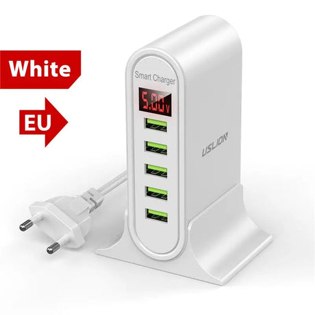 a white charger with a red and green charging plug