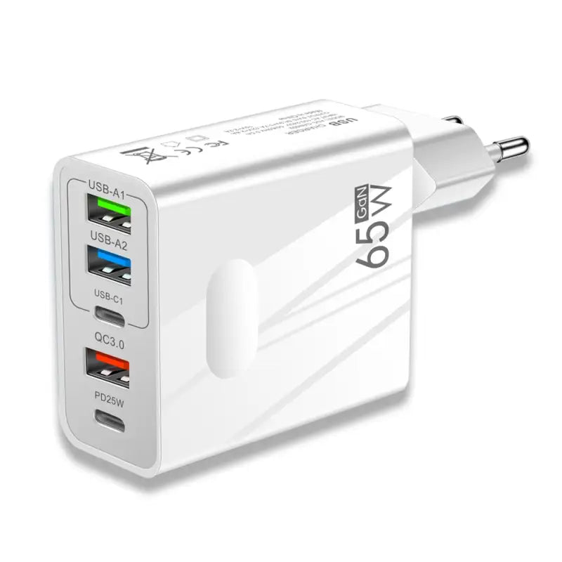 a white usb charger with two ports and a usb cable