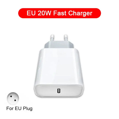 A white charger with a red label on it and a white background