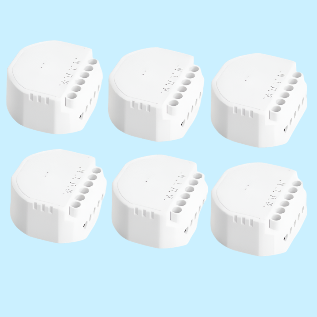 White, circular smart plugs or power adapters with multiple outlets arranged in rows.