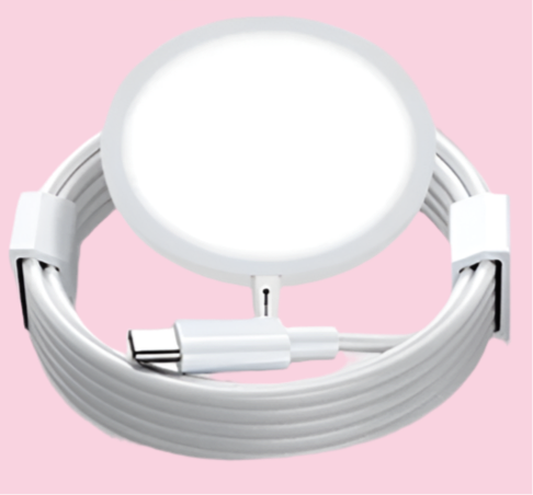 White circular smartwatch with a ribbed wristband.