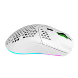 White computer mouse with honeycomb-style perforations and RGB lighting.
