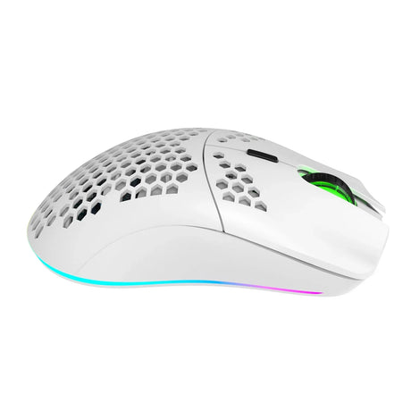 White computer mouse with honeycomb-style perforations and RGB lighting.