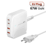 White, cube-shaped 67W GaN power adapter with multiple USB ports and an EU plug.