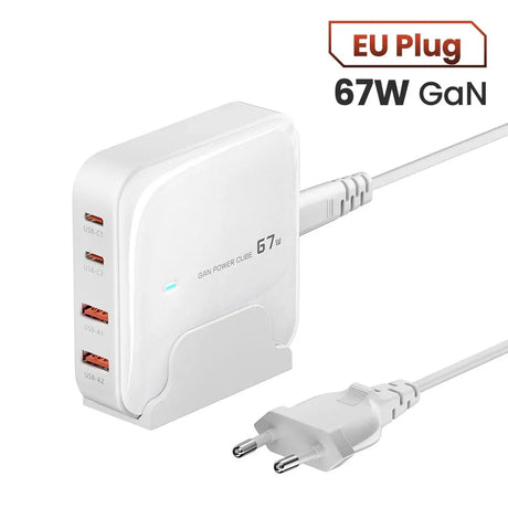 White, cube-shaped 67W GaN power adapter with multiple USB ports and an EU plug.