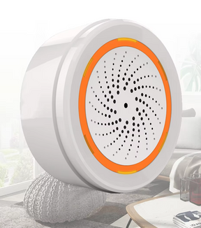 White, cylindrical device with orange trim and perforated face.