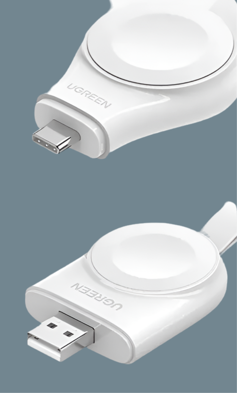 White charging device with USB and USB-C connectors.