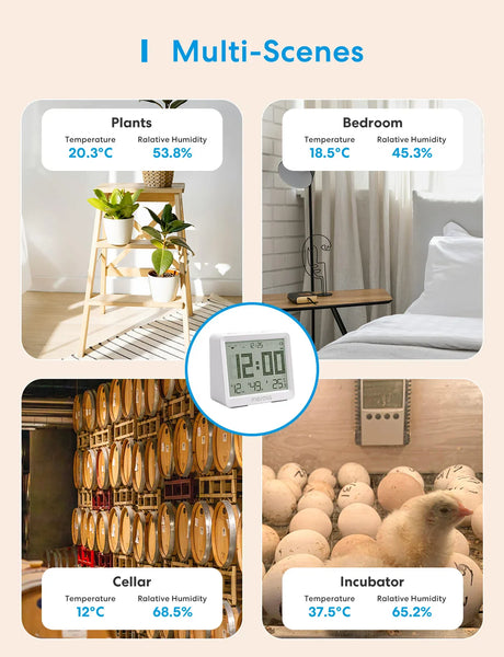 White meross wifi temperature humidity sensor hygrometer thermometer with black digits displaying time and temperature