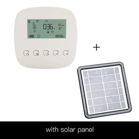 White digital thermostat with solar panel.