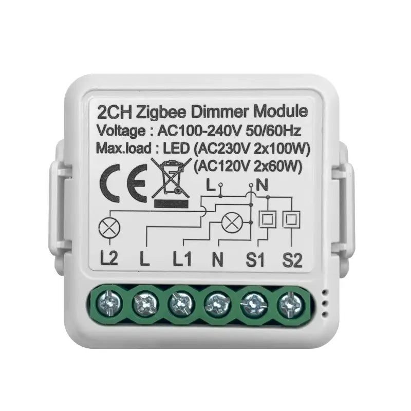 a white dimmer module with green wires and a white background