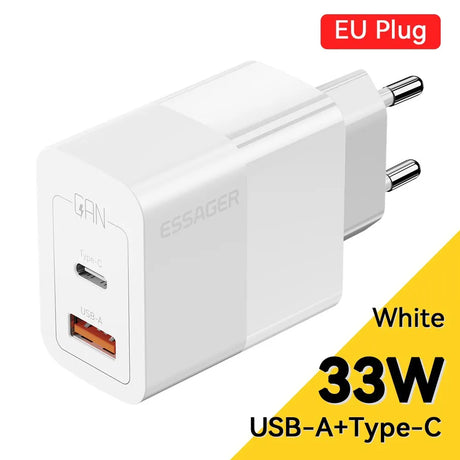 White dual-port USB wall charger with EU plug for 33W fast charging.