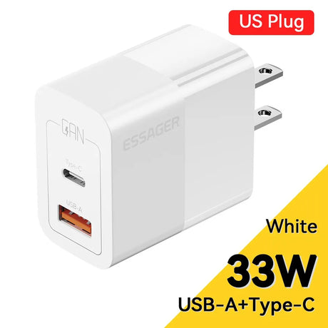 White dual-port USB wall charger with US plug configuration.