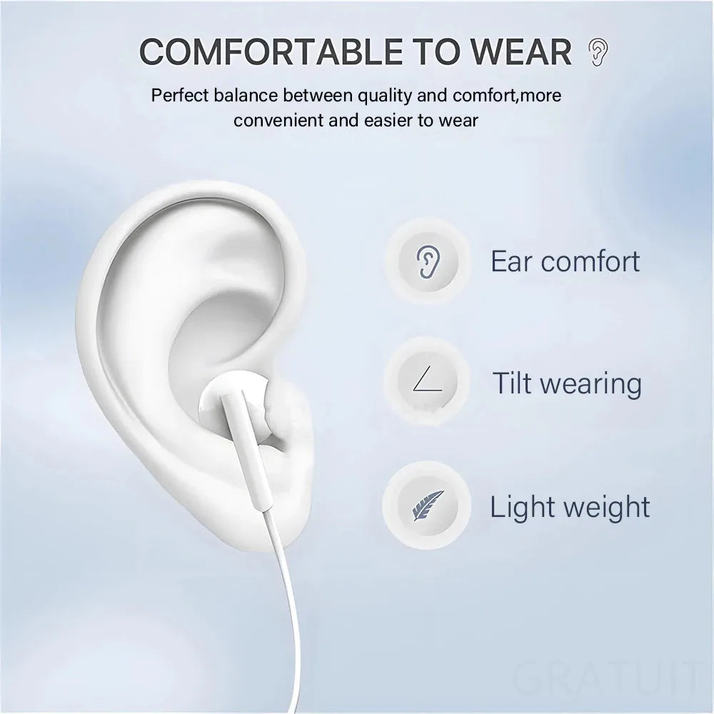 White earbud inserted into a human ear model.