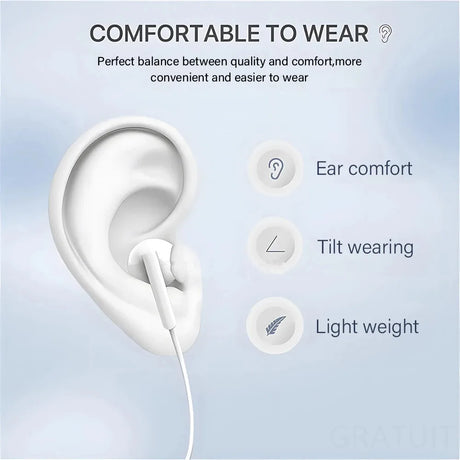 White earbud inserted into a human ear model.