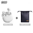 White earbuds with charging case and black pouch.