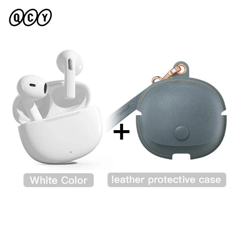 White earbuds with charging case and leather protective case.
