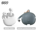 White earbuds with charging case and leather protective case.