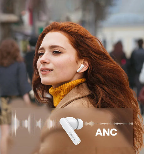 White noise-canceling earbuds.