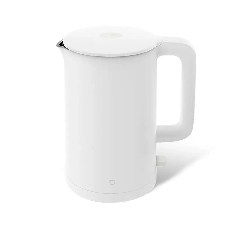 the white electric kettle is shown with a handle