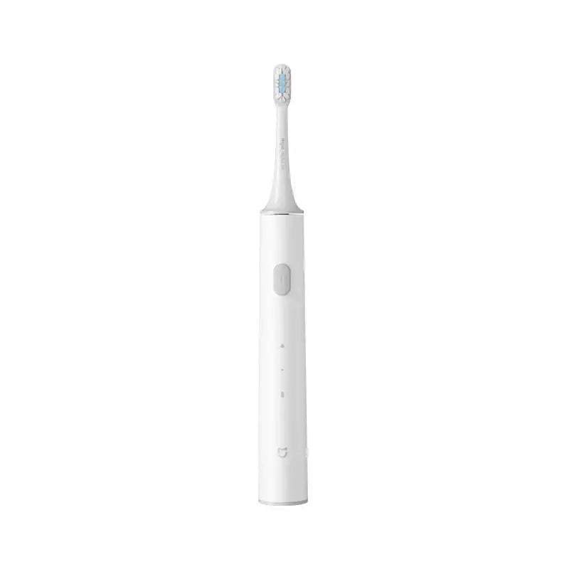 A white electric toothbrush with a blue light on the top