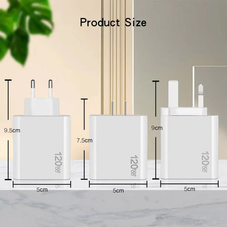 White electrical charging adapters or power bricks with different plug configurations.