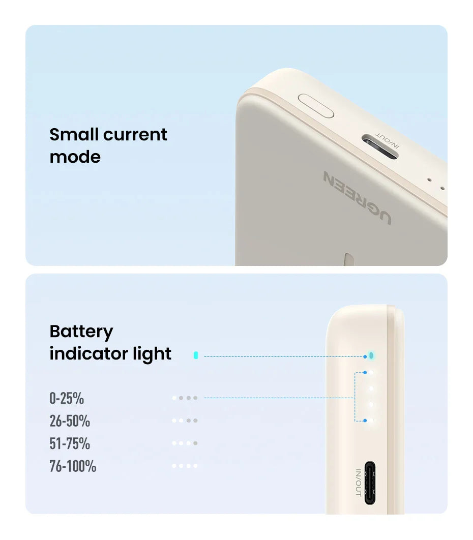 White electronic device with a battery indicator light and small current mode.